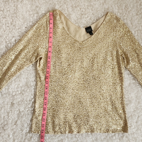 Eileen Fisher 80% Silk Cotton Sz L Vintage Gold Sequin V-Neck Top Party Evening - Picture 11 of 16